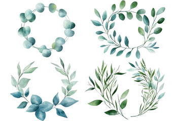 A collection of four beautifully illustrated watercolor wreaths featuring various green leaves and circular designs. perfect for use in wedding invitations. greeting cards. or nature-themed decor