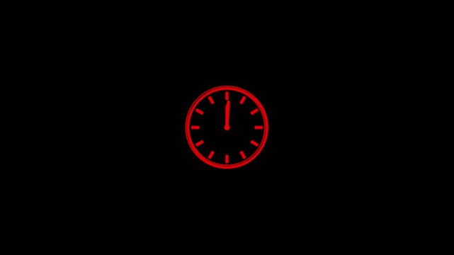 Red neon clock face with hands showing approximately 7:05 on black background time glow