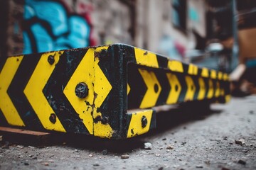 Worn yellow and black striped industrial barrier on grunge ground