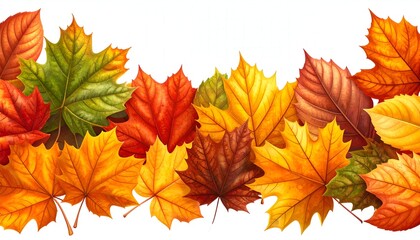 Obraz premium Digitally painted colorful fall leaves, arranged in a horizontal border, on white background