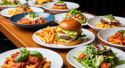 Assorted restaurant dishes featuring burger fries pasta and fresh salad.
