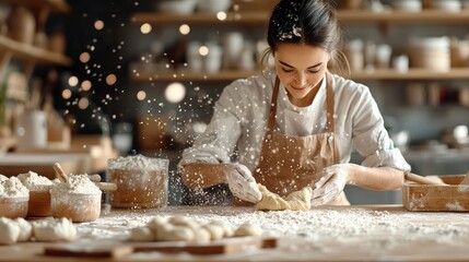 A woman wearing an apron and chef's coat is kneading dough in a rustic kitchen, surrounded by flour and baking ingredients. Soft bokeh lights create a warm atmo