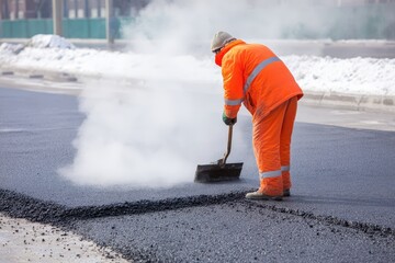 Adult man in orange uniform spreading hot asphalt during winter road work