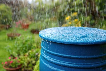 Blue rain barrel collecting water in a lush green garden during rainfall