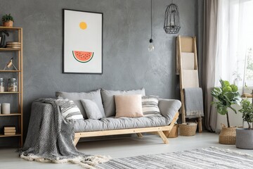 Cozy minimalist living room interior with grey textured wall, wooden sofa, and green plants