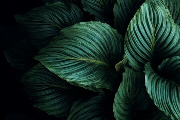 Obraz premium Close Up of Lush Green Leaves with Water Droplets on Dark Background