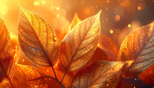 Glowing close-up of amber leaves, sunlit with bokeh background and sparkling highlights