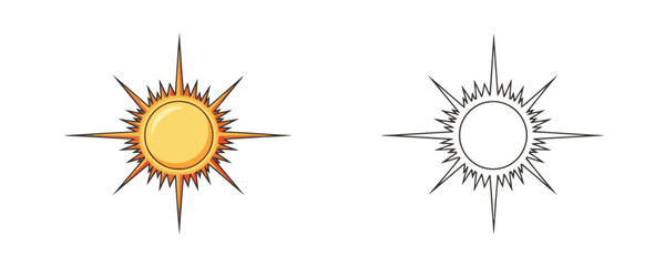 Space drawing of a bright star or shining sun with sharp rays and a fiery corona in yellow and orange colors, symbolizing light, heat, and a celestial body