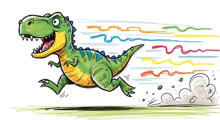 Obraz premium A playful cartoon T-Rex sprints forward, its mouth open in a cheerful expression of joy