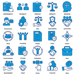 Business ethicsSet of 25 thin Duotone icon vector illustration. icon of responsibility, reliability, principle, morality, behavior, relationship, and trust