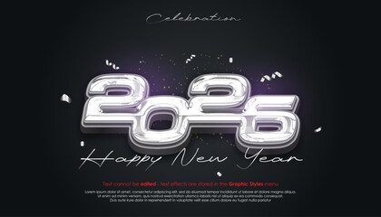 Happy New Year 2026 logo design with chrome effect in the letter
