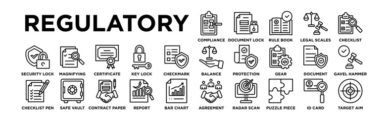 regulatory icon set. Editable Stroke Icon Collection. Compliance Checkmark, Document Lock, Rule Book, Legal Scales, Checklist Checkmark, Balance Scale, Shield Protection, Gear Settings, Document 