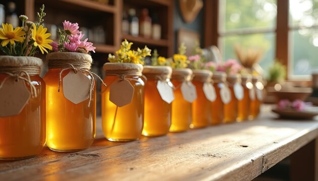 Line of glass jars filled with amber honey sits on a wooden table. Tiny flowers top each jar. Labels dangle from twine tied around jar necks. Sunlight streams into cozy room.