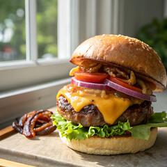 Gourmet Cheeseburger with Melted Cheddar, Caramelized Onions & Tomato