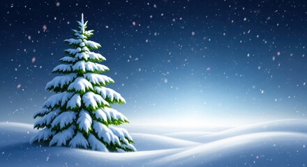 A solitary, snowcovered evergreen christmas tree stands majestically in a serene, bluetoned winter landscape under a falling snow sky, creating a peaceful holiday scene with ample copy space