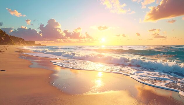 Golden beach scene with waves gently crashing under a vibrant sunset sky