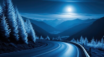 Winding mountain road curves through a snowy valley under a bright full moon at night, with frostcovered pine trees lining the roadside in a dramatic blue monochrome