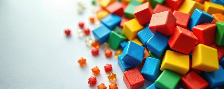Vibrant collection of colorful building blocks spills across white surface. Diverse shapes, sizes create depth. Image creativity construction learning, playful development for children. Represents