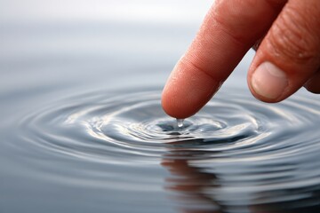 Human finger touching water surface creating ripples