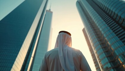 Man in traditional Arab clothes looks up at modern skyscrapers. Perspective photo reveals ambitious gaze towards the future. Saudi businessman in urban setting demonstrates progress and aspirations.