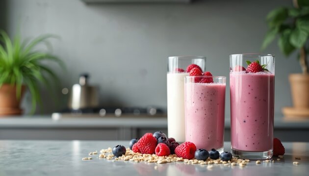 Photo of refreshing berry smoothies in glasses. Fresh raspberries and blueberries with oats are in front. Healthy breakfast smoothie photo with plants in the background.