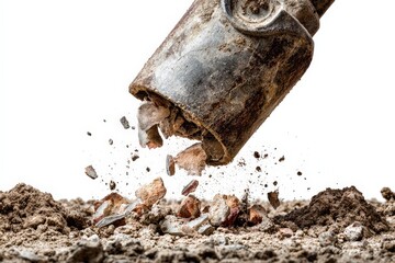 Industrial demolition hammer breaking concrete and soil isolated on white background