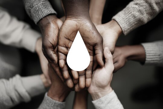 Multiracial hands holding together a white water drop symbol for water conservation and community support - Powered by Adobe