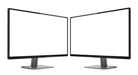 Two modern computer display monitors with blank white screen facing each other, isolated on transparent background