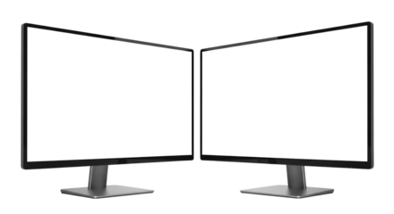 Two modern computer display monitors with blank white screen facing each other, isolated on transparent background