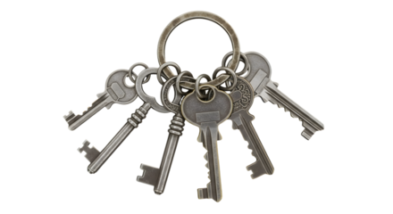 A set of old, antique skeleton keys attached to a metal ring, isolated on transparent background