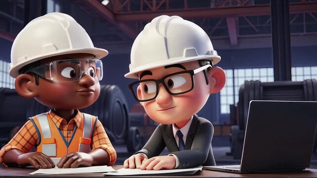 Two animated diverse industrial professionals in safety hard hats collaborate on a project, reviewing plans and documents on a laptop in a modern factory setting, symbolizing teamwork and innovation