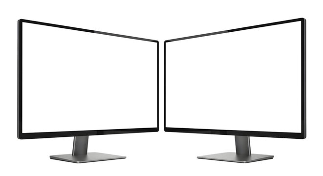 Two modern computer display monitors with blank white screen facing each other, isolated on transparent background