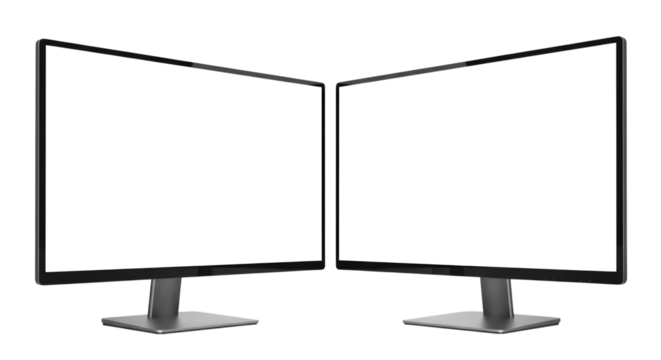 Two modern computer display monitors with blank white screen facing each other, isolated on transparent background