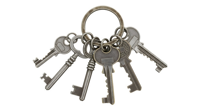 A set of old, antique skeleton keys attached to a metal ring, isolated on transparent background