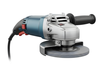 Electric angle grinder tool with abrasive disc attachment, isolated on transparent background