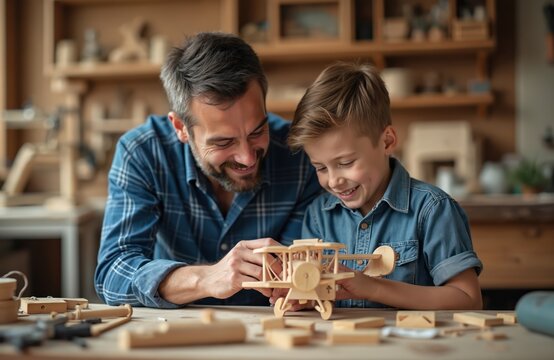 Father, young son build wooden model airplane in home workshop. Man teaches boy craft, sharing valuable skills, knowledge. Happily assemble wood toy plane, spending quality time together. Creative