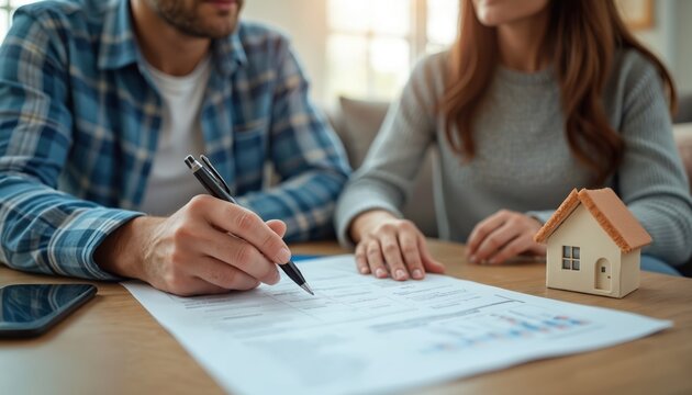 Couple reviews house buying paperwork and mortgage application form. They discuss financial planning and homeownership goals with a small house model on the table. - Powered by Adobe