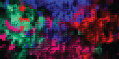 Abstract mosaic of vibrant pixelated colors including green, pink, blue, and red, creating a dynamic and energetic digital art background with a dark, shadowy effect