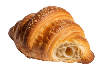 A freshly baked, golden brown croissant with a flaky texture, cut in half to show the airy interior, isolated on transparent background