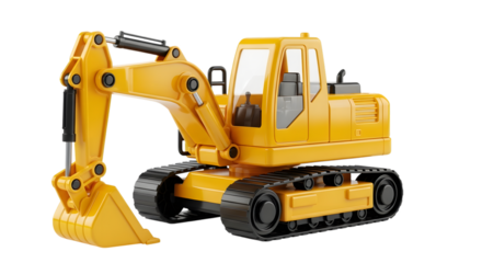 Realistic 3d rendering of a yellow tracked excavator construction machine isolated on transparent background for industrial design concept
