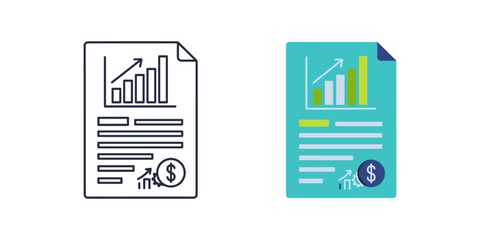 Financial report document icon showing bar chart with upward trend arrow and dollar sign symbol, isolated on