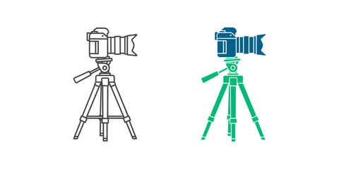 Set of two camera on tripod icons, one outline and one colored, representing photography equipment isolated on