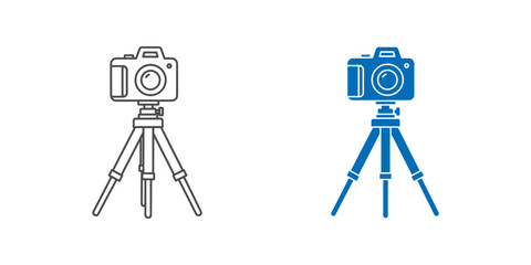Set of two camera on tripod icons, one outline and one solid blue, representing photography equipment isolated on
