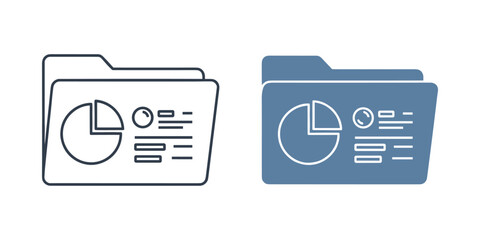 Obraz premium Two styles of data folder icon featuring a pie chart and document lines, one outline and one solid blue, representing business report storage and analytics information isolated on