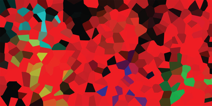 Vibrant abstract mosaic of irregular polygons in bold red with scattered accents of cyan, green, yellow, blue, and purple, creating a lively and energetic background for creative projects