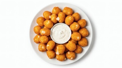 Overhead shot of fried cheese curds with ranch dressing on white plate.