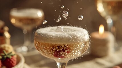 Champagne pouring into cocktail glass with strawberry garnish close up - Powered by Adobe