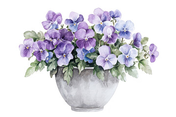 A beautiful watercolor illustration of a bouquet of pansies in a classic gray pot. shades of purple and blue. perfect for floral-themed designs or decor