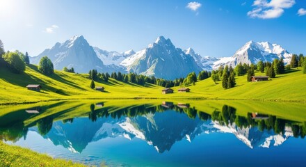 Stunning panoramic view of snowcapped alpine mountains reflecting perfectly in a calm, clear blue lake surrounded by vibrant green rolling hills and scattered wooden chalets under a bright summer sky