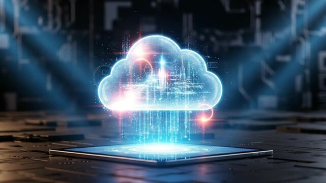 Dynamic cloud computing connection streams data from digital tablet to futuristic network - Powered by Adobe